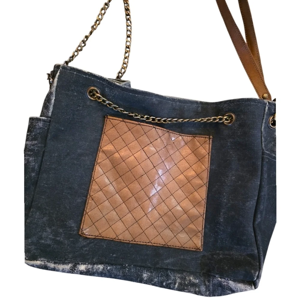Mona B Upcycled Canvas Tote Bag Denim Leather Chain Strap Boho Shoulder Bag